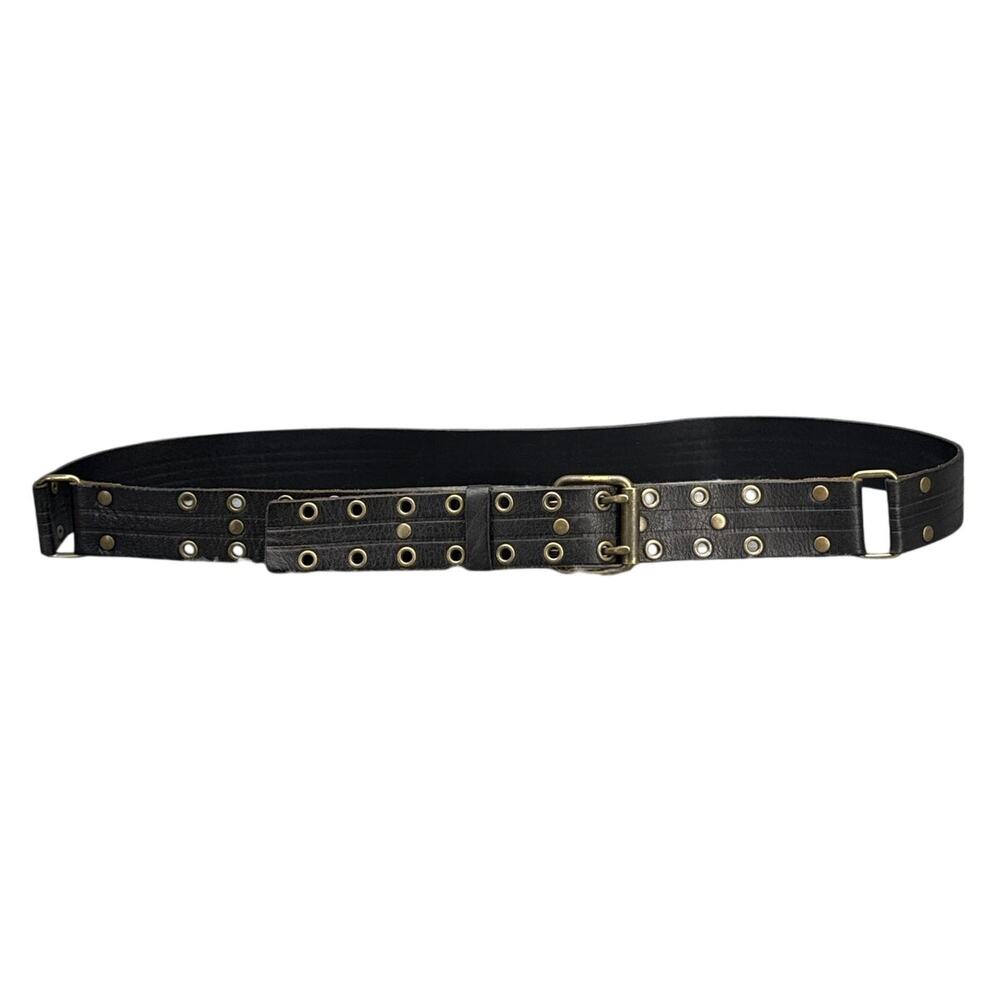 Old Navy Vintage Black Leather Biker Metal Eyelets Double-Prong Buckle Belt XL